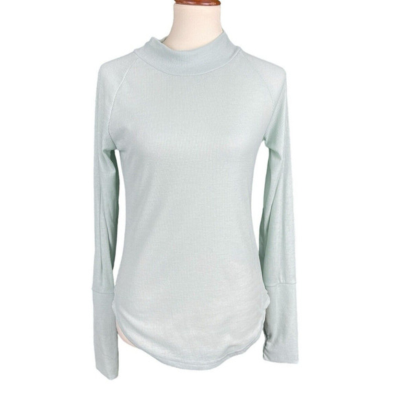 Jordann Ribbed Shirt Women Sz S Seafoam Green Long Sleeve Mock Neck Thumb Holes - Picture 1 of 12
